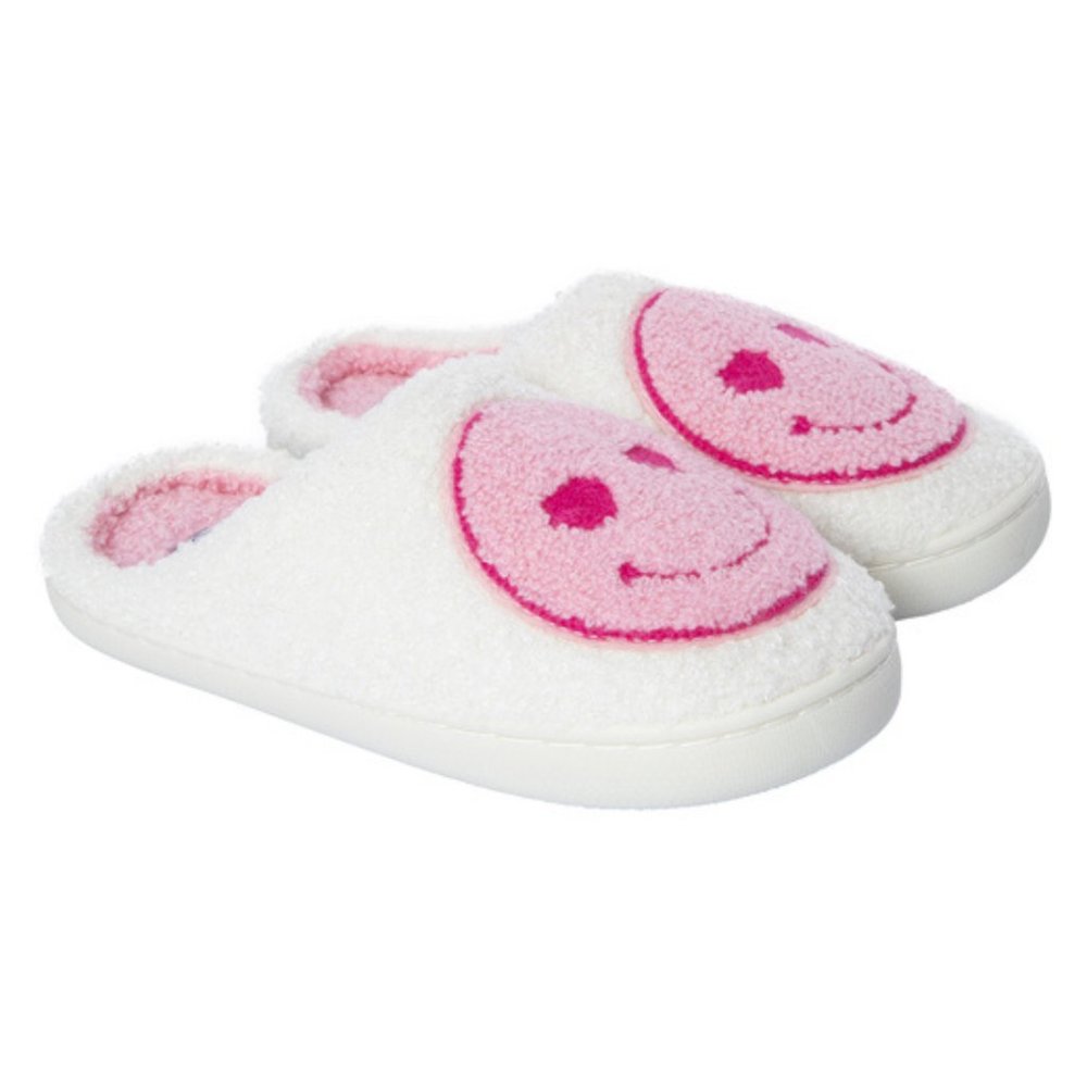 Smiley Face Slipper Pink & White Retro Vibe 9/10 Comfy Cute Holiday Gift